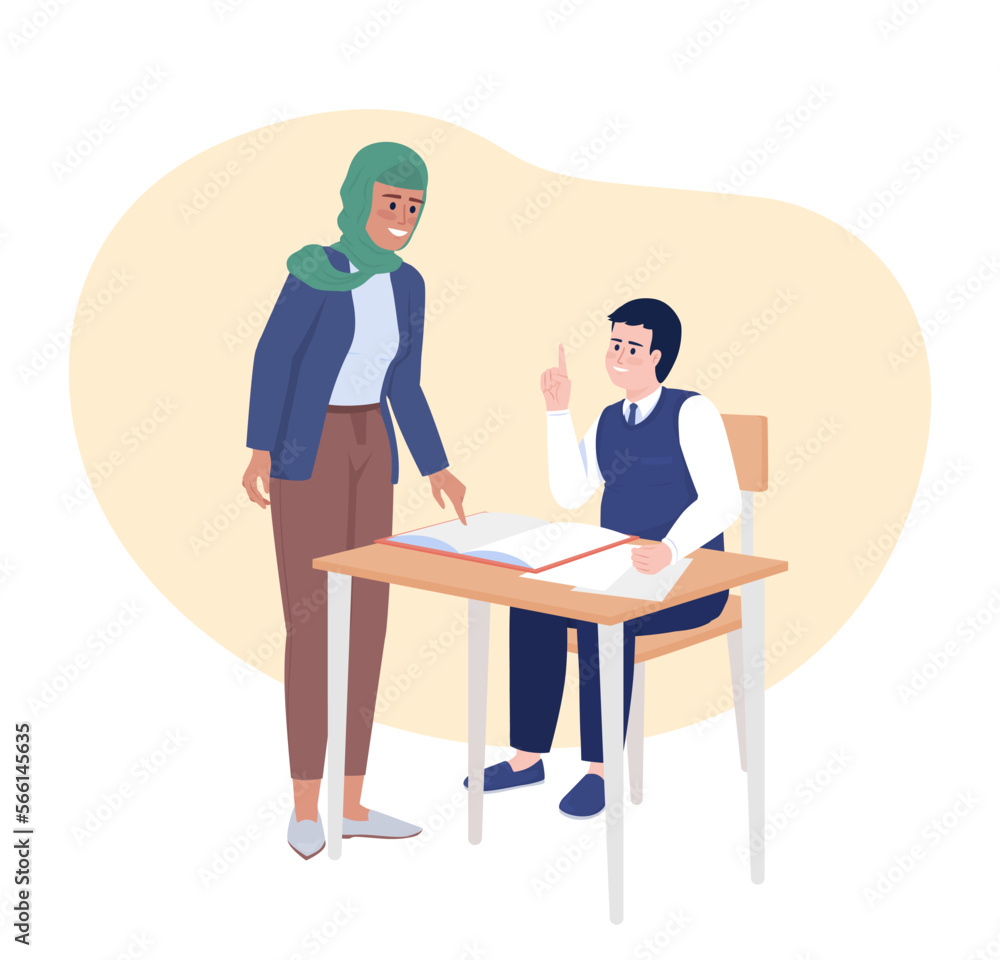 Poster giving assignment during class 2d vector isolated illustration. teacher exchanging thoughts with pup
