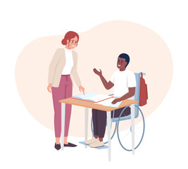 Assist in classroom 2D vector isolated illustration. Female teacher listening to male student flat characters on cartoon background. Colorful editable scene for mobile, website, presentation