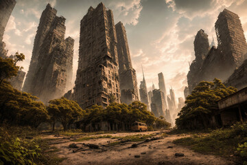 The last remains of us. The post-apocalyptic view of the ruins of a destroyed city overgrown by plants. Generative AI