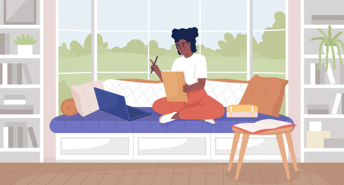 Online homeschooling program flat color vector illustration. Distant education. Cute girl writing home assignment on sofa. Fully editable 2D simple cartoon characters with living room on background