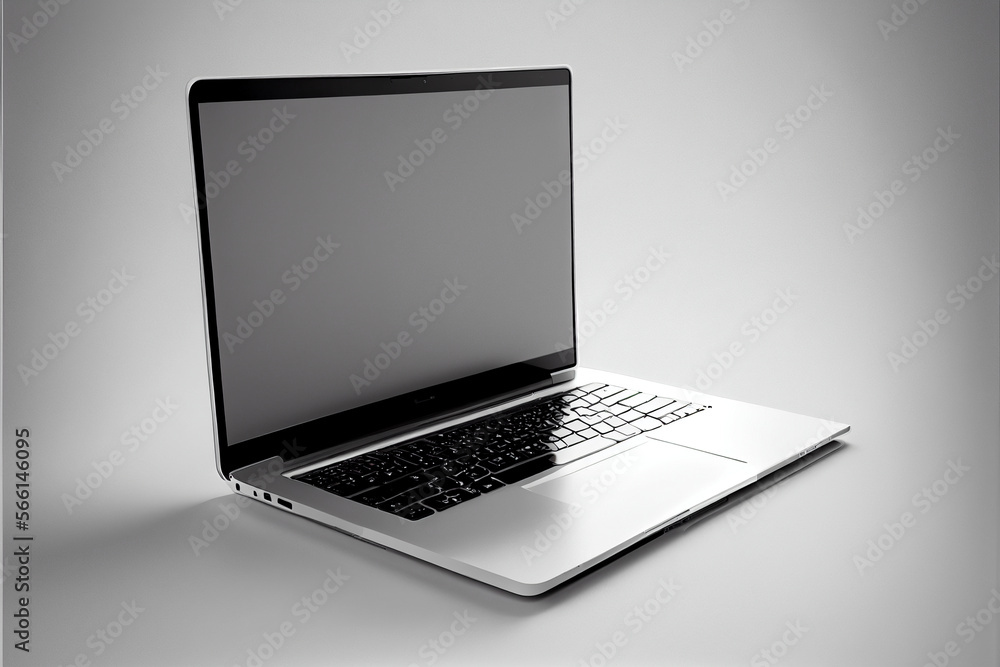 Poster laptop in space on a gray background, copy space, space for text, design laptop with keyboard. gener
