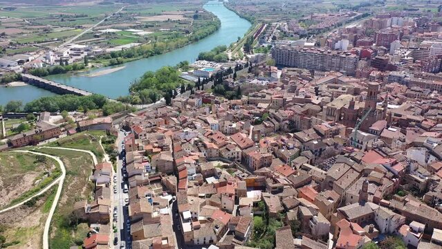 Aerial cityscape of Tudela with view of Ebro River and cathedral. Autonomous community of Navarre, Spain.