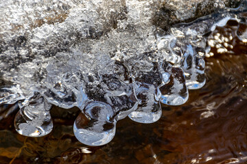 water and ice formations in the river, frozen ice drops, winter