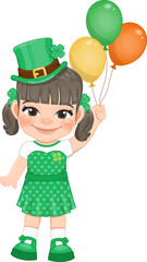 St. Patrick s Day with two side tails girl in Irish costumes holding an Irish balloon cartoon character design
