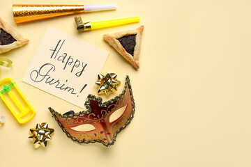 Card with text HAPPY PURIM, Hamantaschen cookies, carnival mask and noise makers on yellow background
