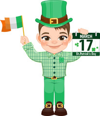 St. Patrick s Day with brown hair boy in Irish costumes holding Irish flag and calendar cartoon character design