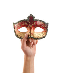 Woman with carnival mask for Purim holiday on white background