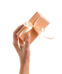 Woman with gift for Purim holiday on white background
