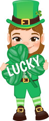 St. Patrick s Day with leprechaun in a green suit. Cute leprechaun holding Shamrock banner cartoon character design