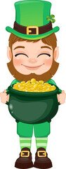 St. Patrick s Day with leprechaun in a green suit. Cute leprechaun holding gold of pot cartoon character design