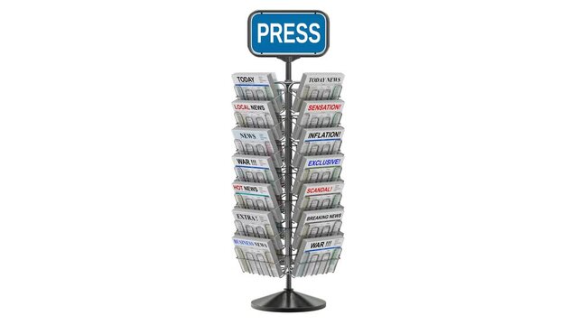 Animation of rotation magazine carousel rack isolated on white background - 3D animation seamlessly loopable