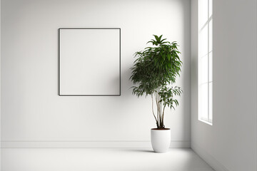Isolated Mockup Design With White background, A white frame on room wall, one plant inside of white frame. Generative AI