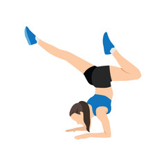 Woman doing handstand with bending legs. Flat vector illustration isolated on white background