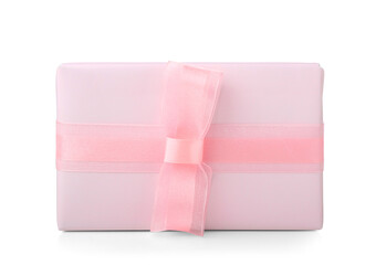 Gift box tied with pink ribbon on white background