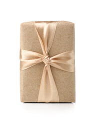 Gift box wrapped in craft paper on white background