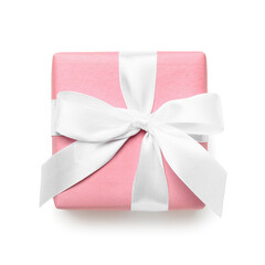 Gift box wrapped in pink paper on white background