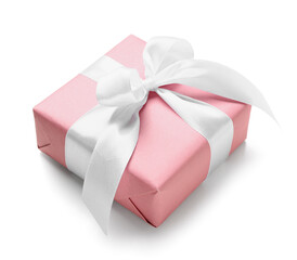 Gift box wrapped in pink paper on white background