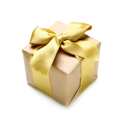 Gift box with golden bow isolated on white background