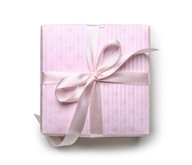Beautiful gift box with satin ribbon on white background