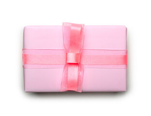 Gift box wrapped in pink paper isolated on white background