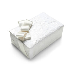 Beautiful gift box with silk bow on white background