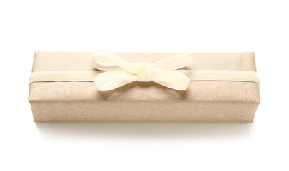 Gift box tied with velvet ribbon on white background