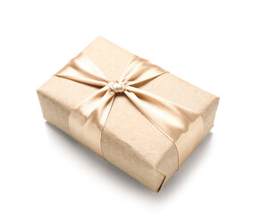 Gift box tied with satin ribbon on white background