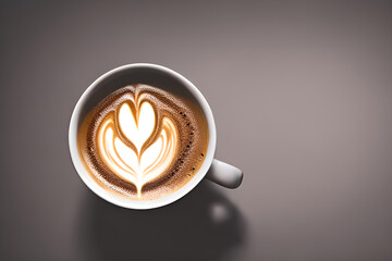 white cup of hot espresso black coffee with heart shaped latte art foam on a table full of coffee beans. Generative AI