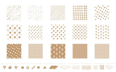 シンプルでおしゃれな北欧風てがきの模様やパターン・柄のあしらいセット_ベクター素材_金_丸_文字なし