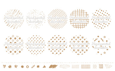 シンプルでおしゃれな北欧風てがきの模様やパターン・柄のあしらいセット_ベクター素材_金_丸_文字なし