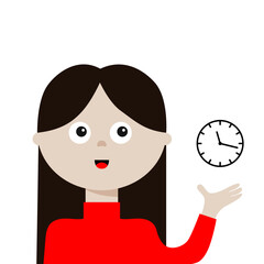 Woman young girl pointing to clock timer. Lady, female. Planning time management concept. Social networks avatar. Business activities. Cute cartoon character. Flat design. White background.