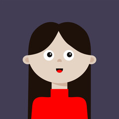 Portrait of woman. Black hair. Young little kid girl face. Lady, female. Brunette hairstyle. Social networks avatar. Business activities. Cute cartoon character. Flat design. Violet background.