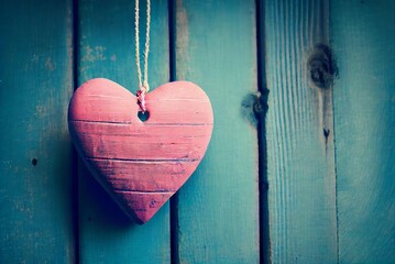 Pink Heart On Blue Wooden Background Valentines Day twine vintage
 