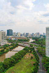 Fototapeta na wymiar Ho Chi Minh city, Vietnam - 20 Jan 2023: The view on the high-rise building sees Phu My Hung in District 7, one of the best places to live in Ho Chi Minh City with many amenities and apartments around