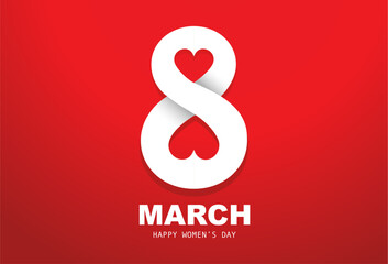 Beautiful holiday card by March 8. International Women's Day. Large white number 8 with two hearts on a red background.