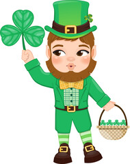 St. Patrick s Day with leprechaun in a green suit. Cute leprechaun holding Shamrock and basket cartoon character design