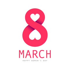 Festive postcard by March 8. International Women's Day. Large red number 8 with two hearts on a white background.