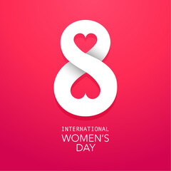 International Women's Day. A beautiful holiday card by March 8. Large white number 8 with two hearts on a red background.