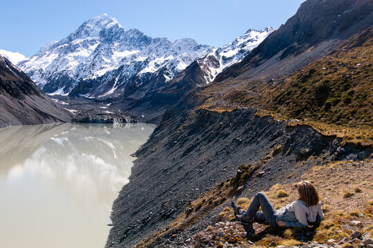 Female tourist enjoys view of mt.Hutt.