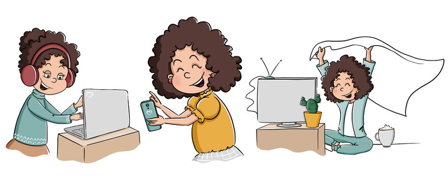 Girl with dark curly hair use phone to make selfie, use laptop and headphones, , watch tv. Online. Hygge style. Happiness in every moment of life. Active lifestyle. Daily routine in cartoon style