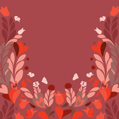 picture of a thicket of meadow and field plants on a light burgundy background
