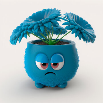 Cartoon Character. Blue Flower Pot With A Sad Face On A Soft Background. 3D Illustration