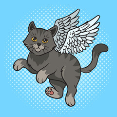 Angel flying kitten pinup pop art retro raster illustration. Comic book style imitation.