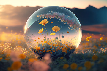 fantasy world with flowers and sunset in transparent sphere