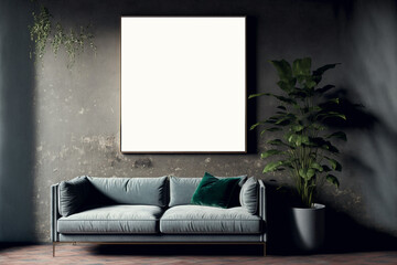 Modern living room interior design, designer's sofa in front of a large blank painting frame.