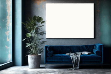 Modern living room interior design, designer's sofa in front of a large blank painting frame.