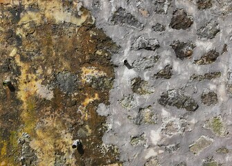 Stacked rocks and cement wall texture background with shadow for construction. New vs old with mosses.