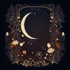 boho frame with flowers, celestial trendy linear style, mystical borders, line art, vector, moon, filagree, dark background