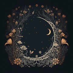 boho frame with flowers, celestial trendy linear style, mystical borders, line art, vector, moon, filagree, dark background