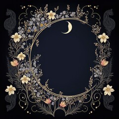 boho frame with flowers, celestial trendy linear style, mystical borders, line art, vector, moon, filagree, dark background